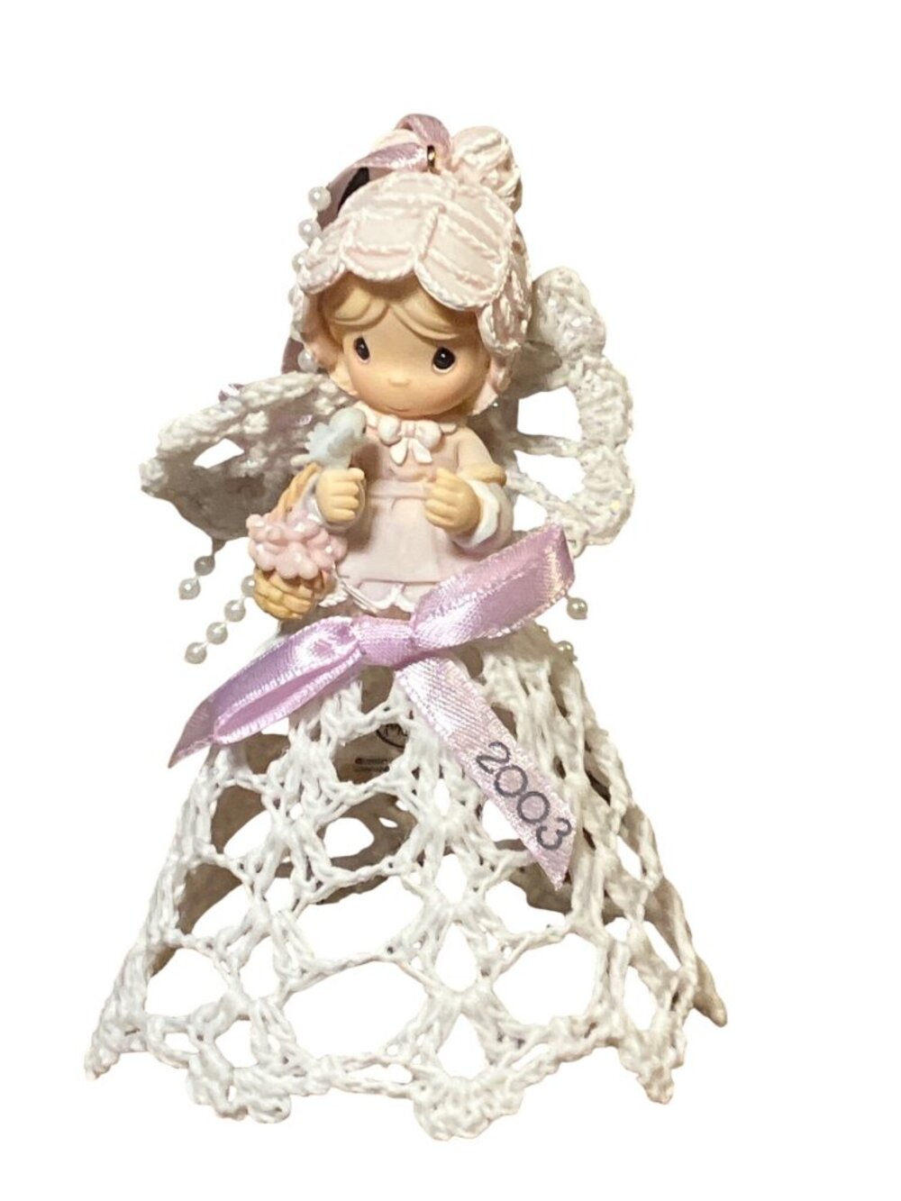 Precious Moments Girl Bird Hanging Ornament Dated 2003 Graced With Lace